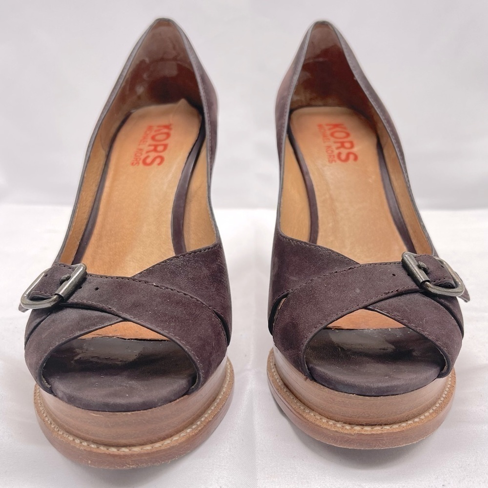 Kors Michael Kors Suede Buckle Open Toe Platform Pump Size 9M - Picture 4 of 10